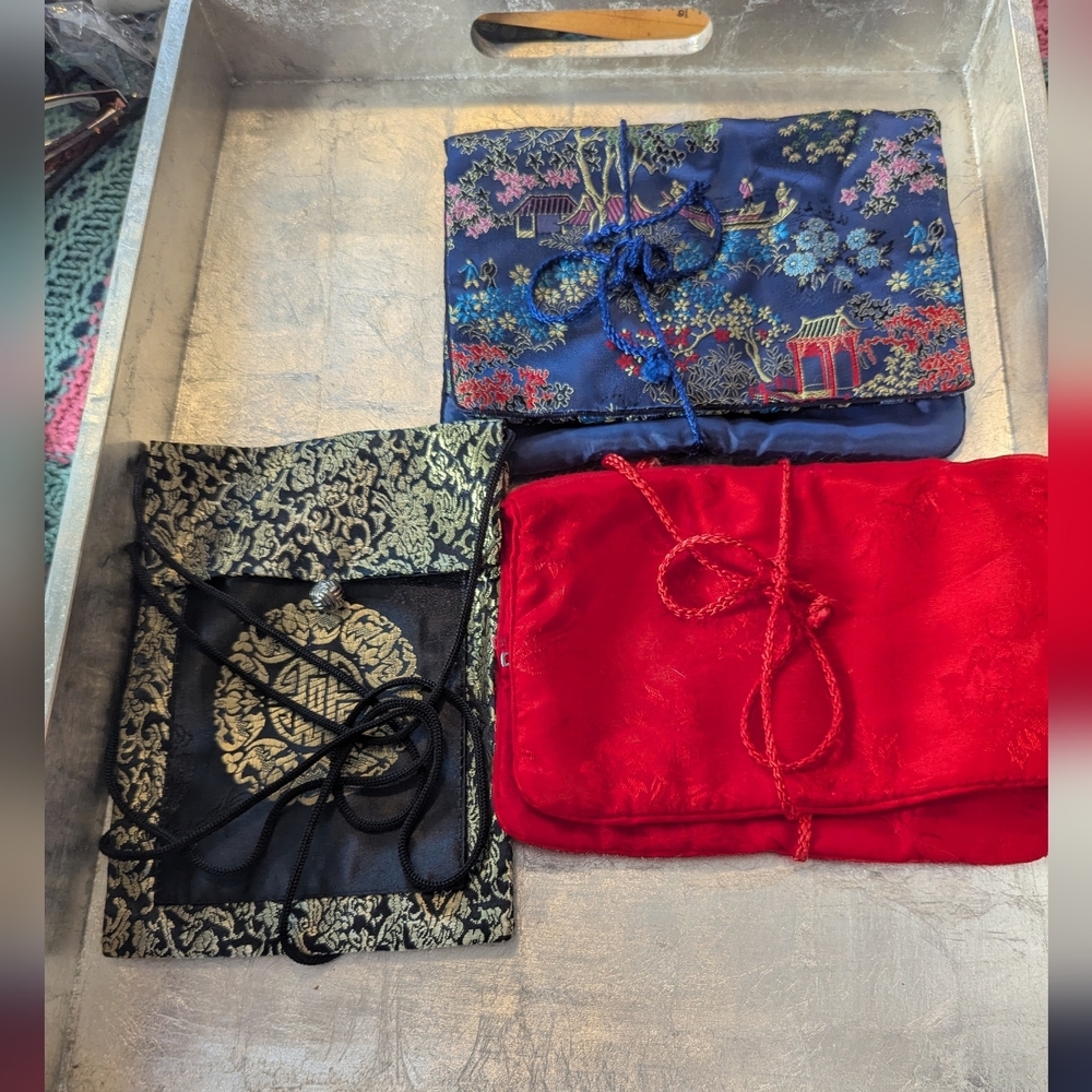 Asian 3 Silky Jewelry Travel Pouches Set Tie String Embroidery